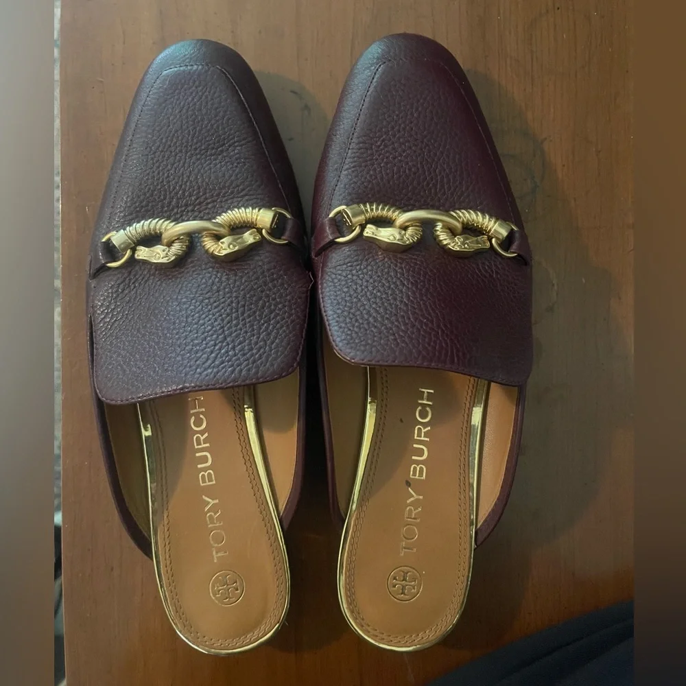 Tory Burch Women's Brown Leather Chain-Trim Mules